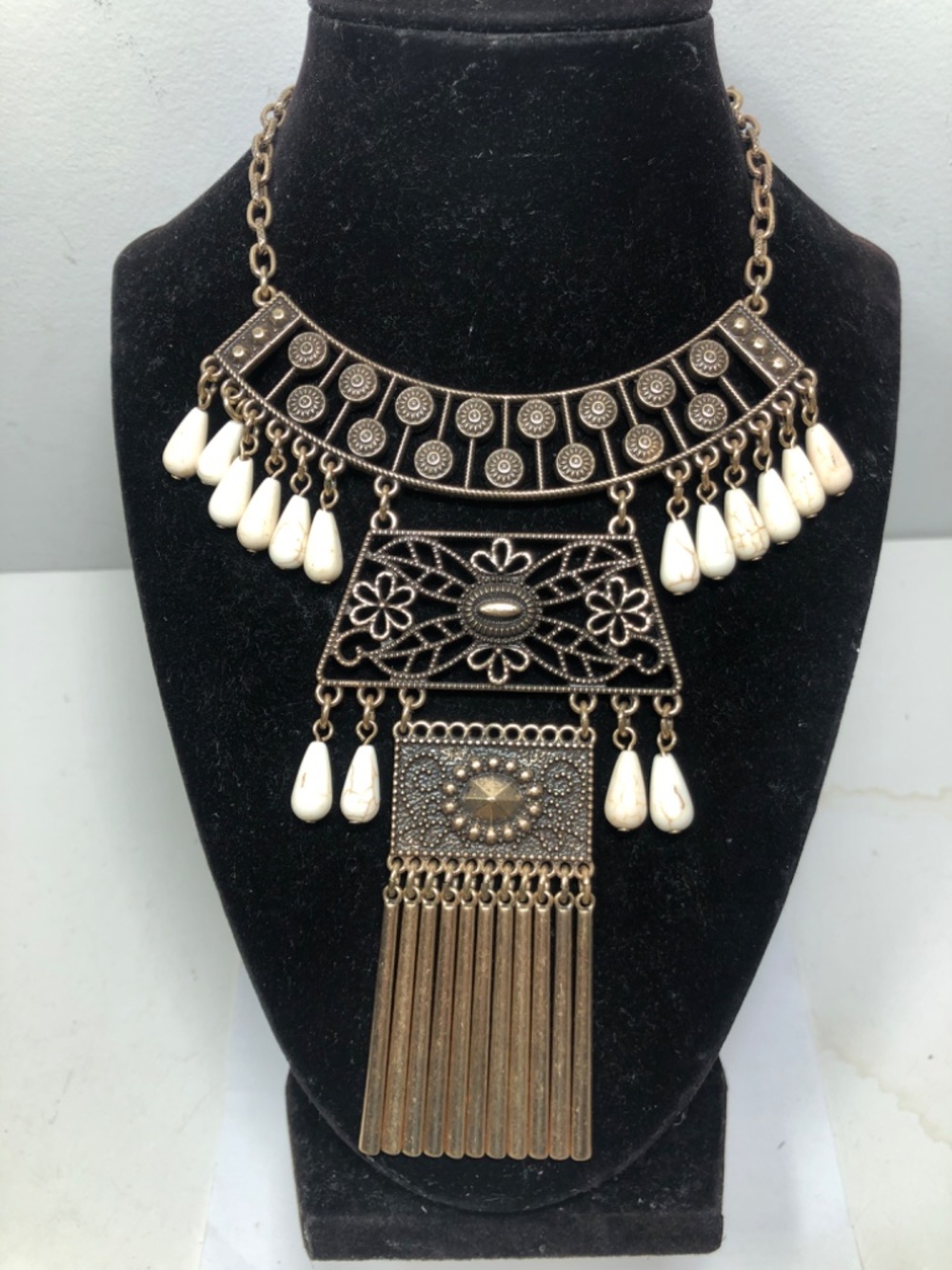 Egyptian style statement dangle brass necklace